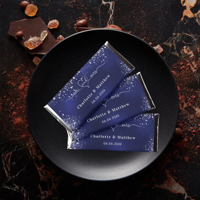 Navy blue silver mr mrs heart script wedding hershey bar favors (Creator Uploaded)