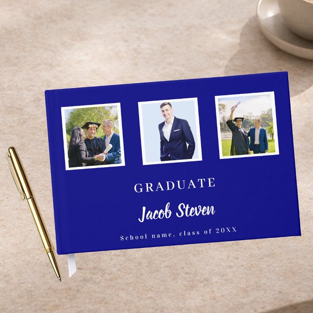 Navy blue silver name script photo Graduation Foil Guest Book (Creator Uploaded)