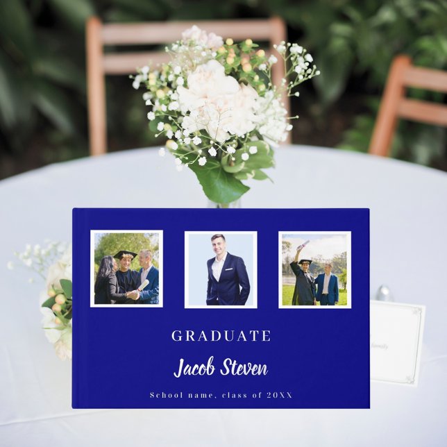 Navy blue silver name script photo Graduation Foil Guest Book (Creator Uploaded)