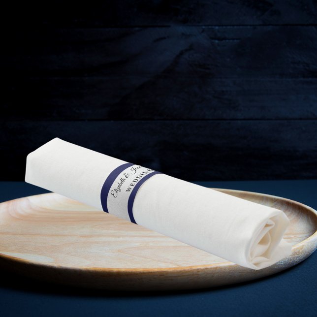 Navy blue silver names wedding dinner napkin bands (Creator Uploaded)