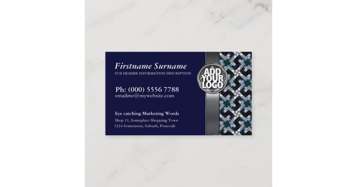 Navy Blue + Silver Pattern w/ Logo Business Cards | Zazzle.com