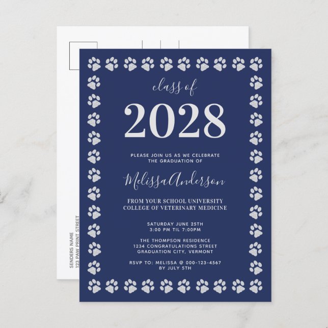  Navy Blue Silver Paw Prints Graduation  Invitation Postcard (Front/Back)