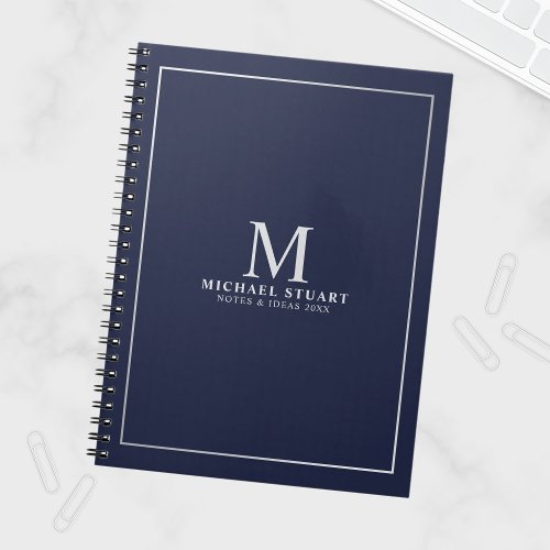 Navy Blue Silver Personalized Monogram and Name Notebook
