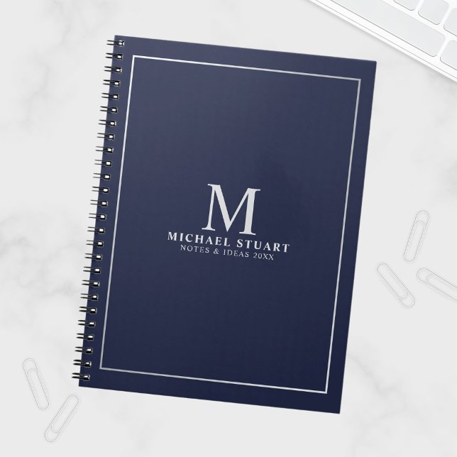 Navy Blue Silver Personalized Monogram and Name Notebook (Creator Uploaded)