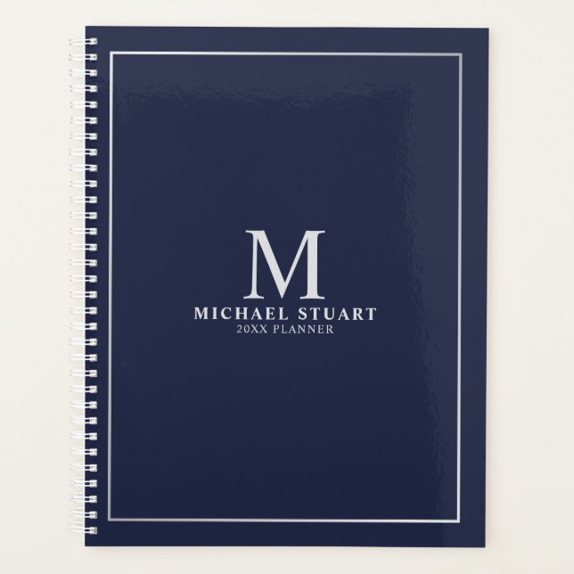Navy Blue Silver Personalized Monogram and Name Planner (Front)