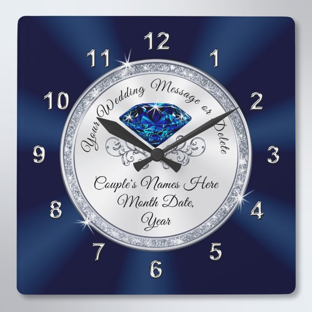 Navy Blue, Silver Personalized Wedding Clock (Navy Blue and Silver Wedding Clock. Spinel anniversary gifts. Personalised wedding clocks. )