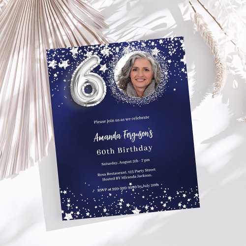 Navy blue silver photo 60th birthday invitation