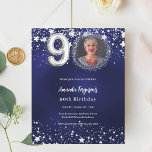 Navy blue silver photo 90th birthday invitation<br><div class="desc">A modern,  stylish photo invitation for a 90th birthday party.  A navy blue background,  decorated with stars. The blue color is uneven. Personalize and add your photo and party details.  

1 sheet = 1 invitation printed edge to edge.</div>