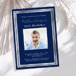 Navy blue silver photo birthday invitation<br><div class="desc">An elegant,  modern,  simple birthday invitation.  A navy blue background decorated with faux silver frames.  Personalize and add a photo name and details. White text.</div>