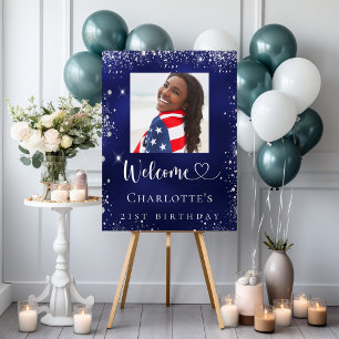 Navy blue silver photo birthday party welcome foam board