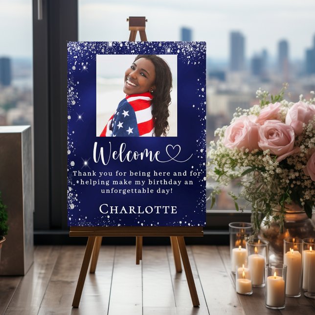 Navy blue silver photo birthday party welcome  foam board (Creator Uploaded)