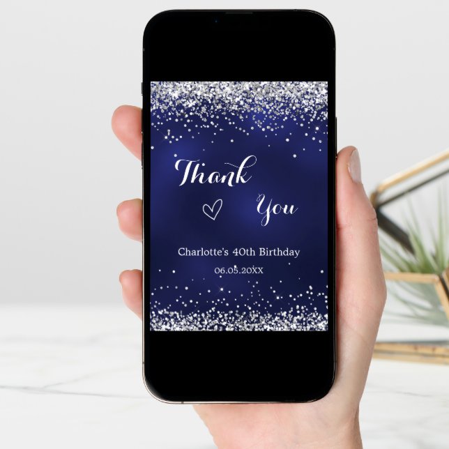 Navy blue silver photo birthday thank you card (Front Digital)
