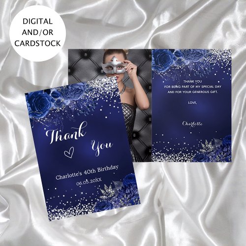 Navy blue silver photo floral birthday thank you card
