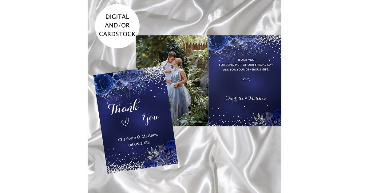 Navy blue silver photo floral wedding thank you card | Zazzle