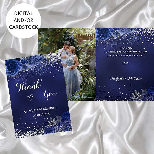 Navy blue silver photo floral wedding thank you card | Zazzle