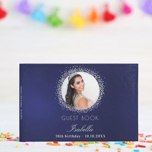 Navy blue silver photo glamorous birthday guest book