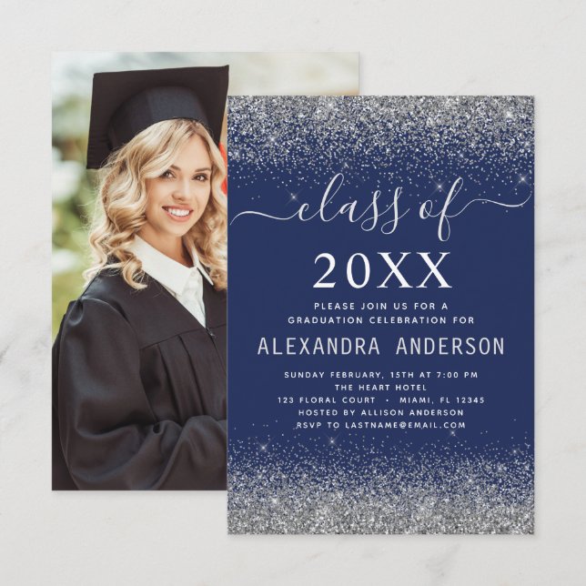 Navy Blue Silver Photo Graduation Class of 2024 Invitation (Front/Back)