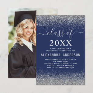 Navy Blue Silver Photo Graduation Class of 2024 Invitation