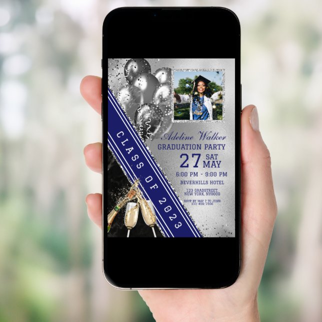 Navy Blue Silver Photo Graduation Party Invitation (Front Digital)