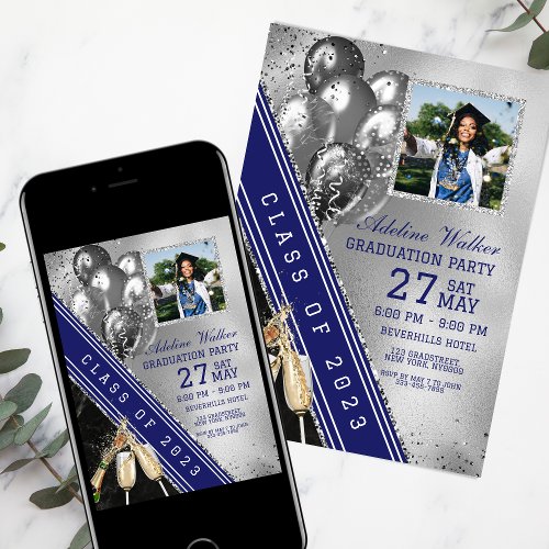 Navy Blue Silver Photo Graduation Party Invitation