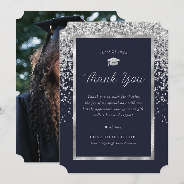 Navy Blue Silver Photo Graduation Thank You Card (Front/Back)