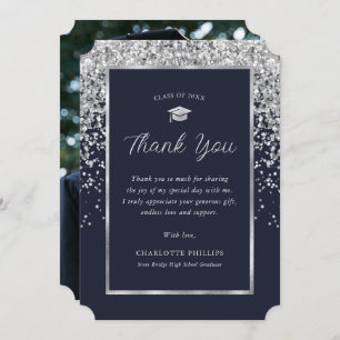 Navy Blue Silver Photo Graduation Thank You Card