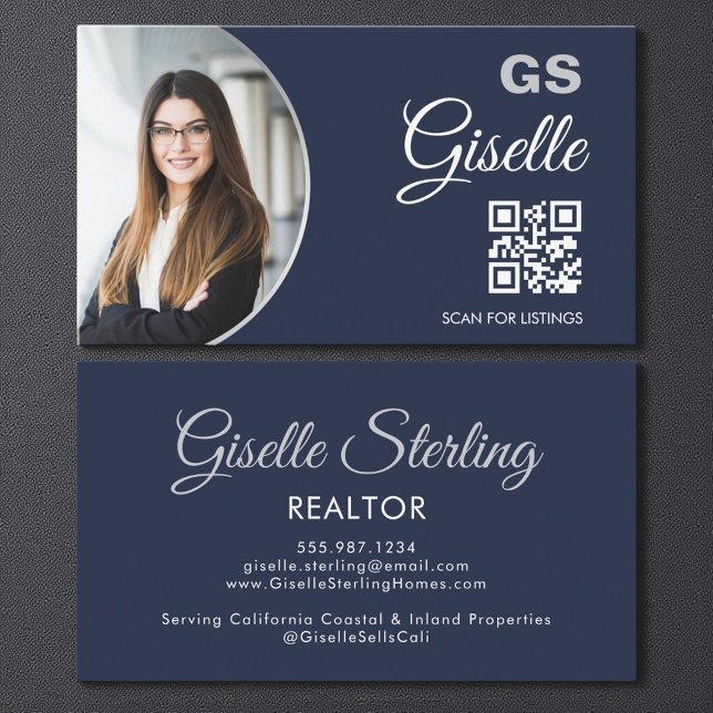 Navy Blue Silver Photo Monogram Realtor QR Code  Business Card (Creator Uploaded)