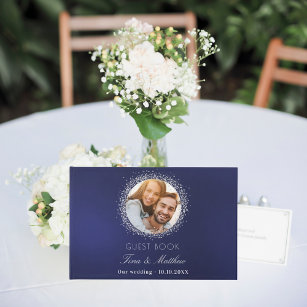 Navy blue silver photo sparkles wedding guest book