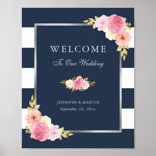 Navy Blue Silver Pink Floral Wedding Welcome Sign