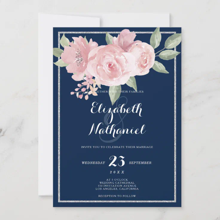 Navy blue silver pink green floral theme wedding invitation | Zazzle