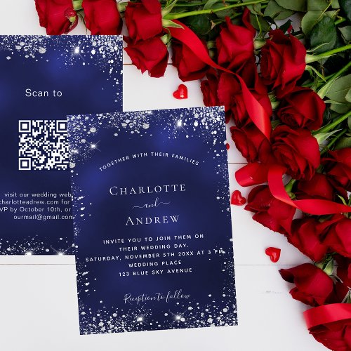 Navy blue silver QR code RSVP luxury wedding Invitation