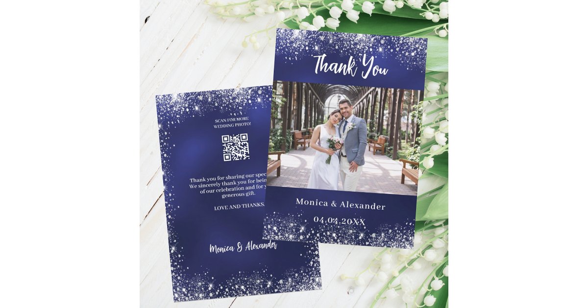 Navy blue silver QR code wedding thank you card | Zazzle