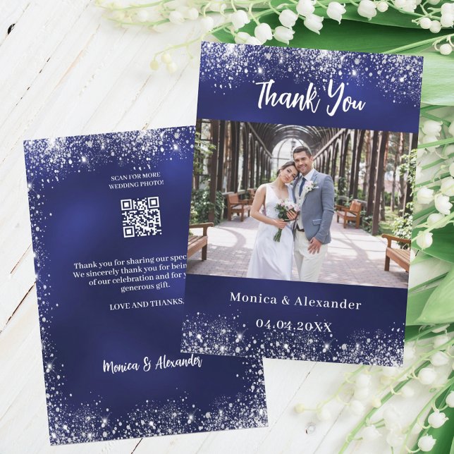 Navy blue silver QR code wedding thank you card (Creator Uploaded)