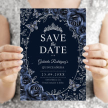 Navy Blue Silver Quinceanera Floral