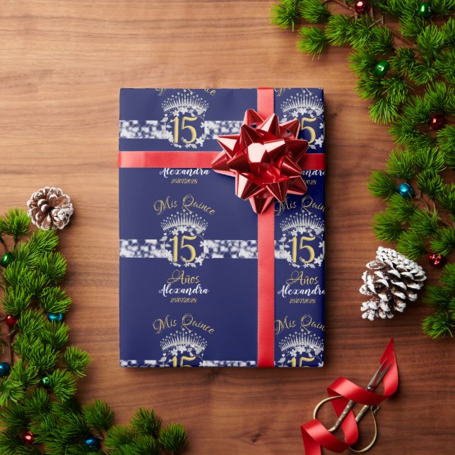 Navy Blue Silver Quinceanera Vintage Boho Spanish Wrapping Paper (Holiday Gift)