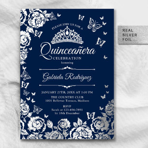 Navy Blue Silver Roses Butterflies Quinceanera Foil Invitation