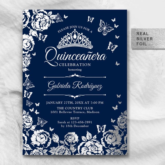 Navy Blue Silver Roses Butterflies Quinceanera Foil Invitation (Creator Uploaded)