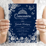 Navy Blue Silver Roses Butterflies Quinceanera Invitation<br><div class="desc">Navy blue silver Quinceanera celebration invitation. Features script font,  butterflies,  silver roses and tiara. Perfect for an elegant princess style glam celebration. Personalize with your own details. Printed Zazzle invitations or instant download digital printable template.</div>