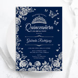 Navy Blue Silver Roses Butterflies Quinceanera Invitation<br><div class="desc">Navy blue silver Quinceanera celebration invitation. Features script font,  butterflies,  silver roses and tiara. Perfect for an elegant princess style glam celebration. Personalize with your own details. Printed Zazzle invitations or instant download digital printable template.</div>