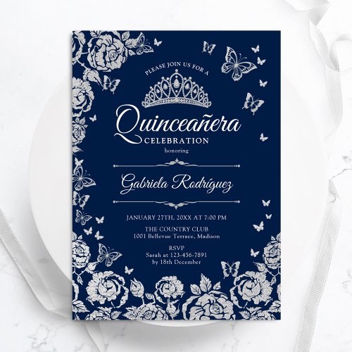 Navy Blue Silver Roses Butterflies Quinceanera Invitation