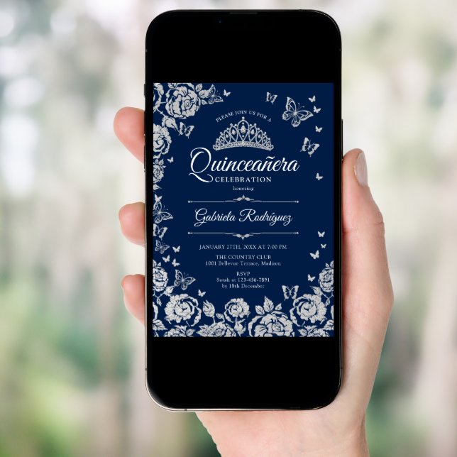 Navy Blue Silver Roses Butterflies Quinceanera Invitation (Front Digital)