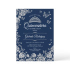 Navy Blue Silver Roses Butterflies Quinceanera