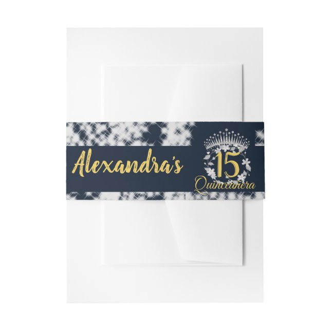 Navy Blue Silver Roses Butterflies Quinceanera Invitation Belly Band (Front Example)