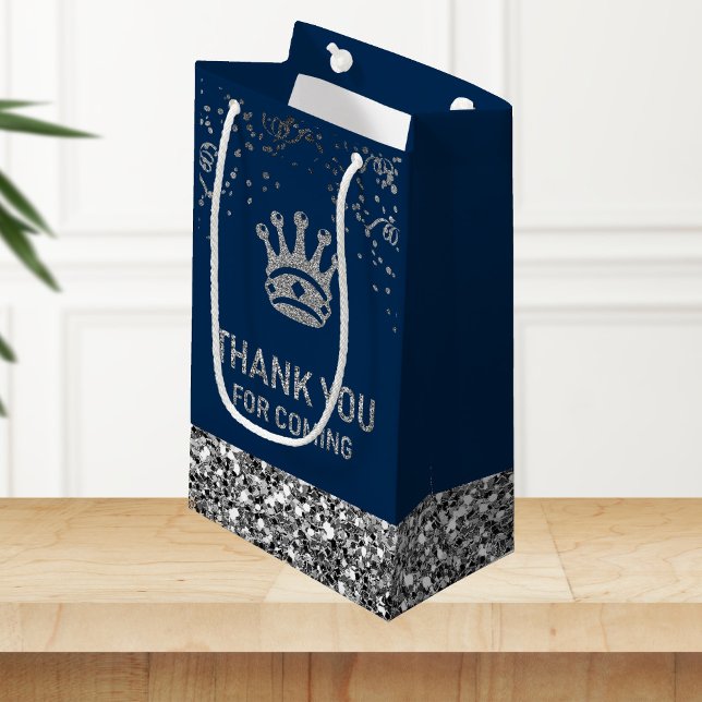 Navy Blue Silver Royal Prince Crown Thank You Small Gift Bag (Creator Uploaded)