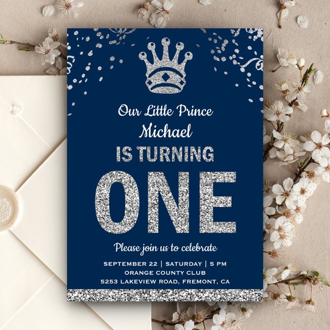 Navy Blue Silver Royal Prince First Birthday Invitation (Creator Uploaded)