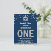 Navy Blue Silver Royal Prince First Birthday Invitation Postcard (Standing Front)