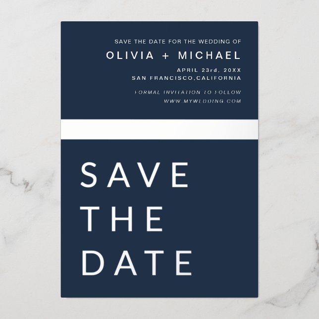 Navy Blue Silver Save the Date Elegant Foil Invitation (Front)