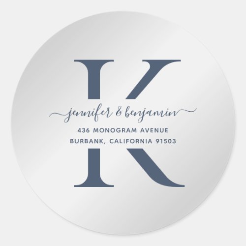 Navy Blue Silver Script Monogram Return Address Classic Round Sticker