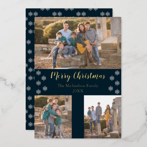 Navy Blue Silver Snowflake Christmas Collage Photo Foil Holiday Card
