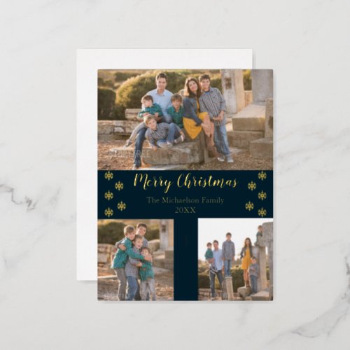 Navy Blue Silver Snowflake Christmas Collage Photo Foil Holiday Postcard